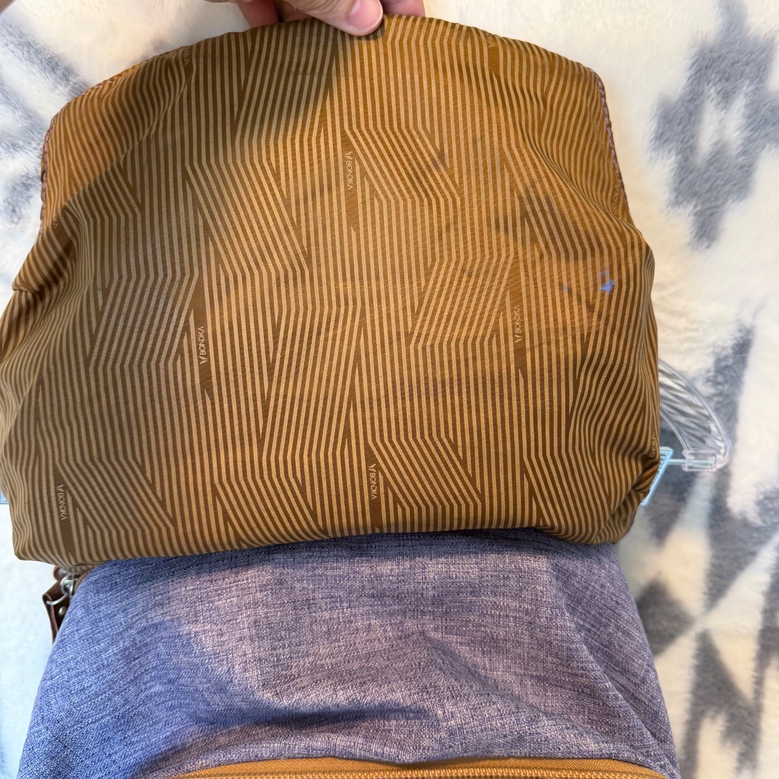 Bondka Jigsaw Backpack Heather Blue Canvas Tan Leather Daypack