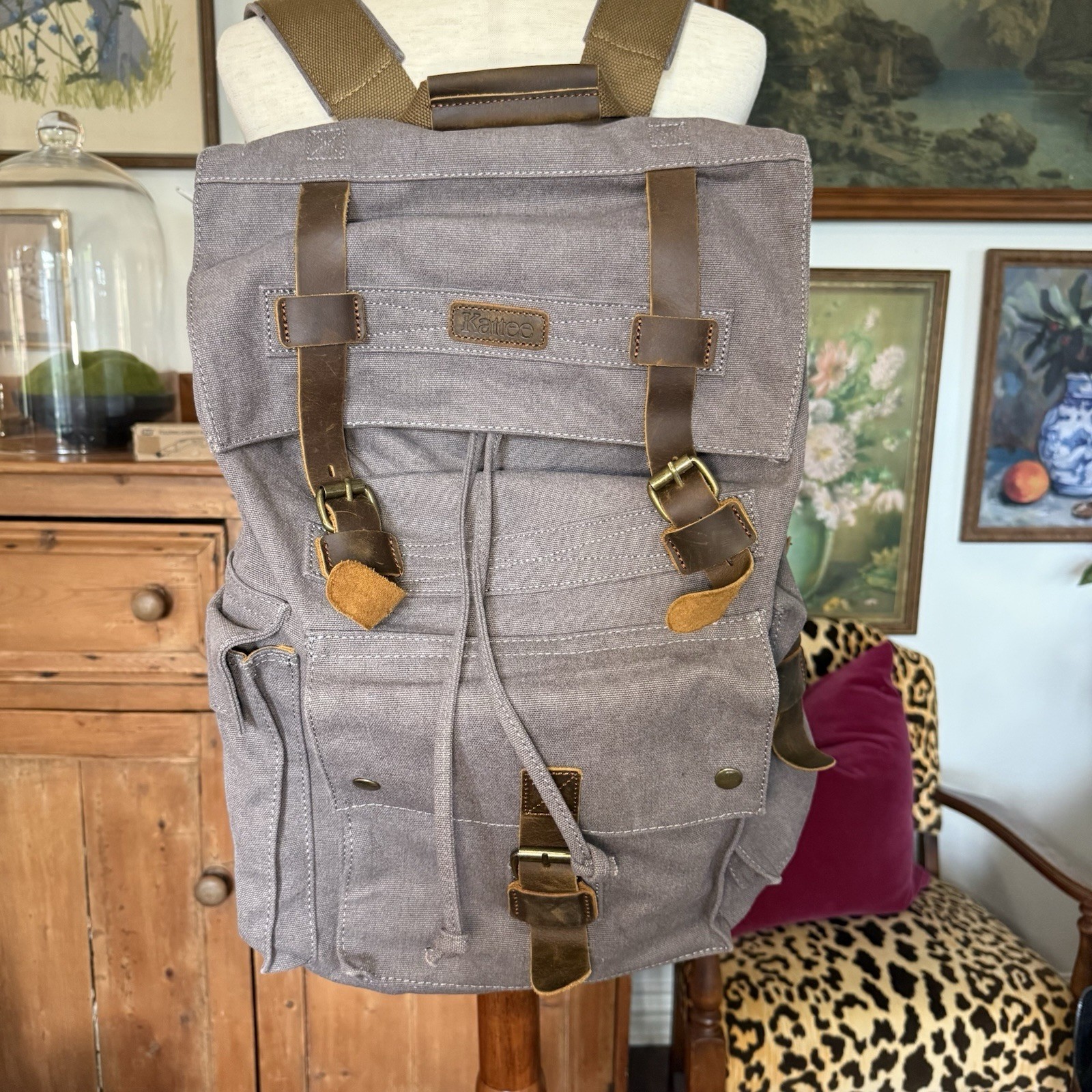 Kattee Olive Green Canvas Backpack Multi-Pocket Travel Rucksack NWT