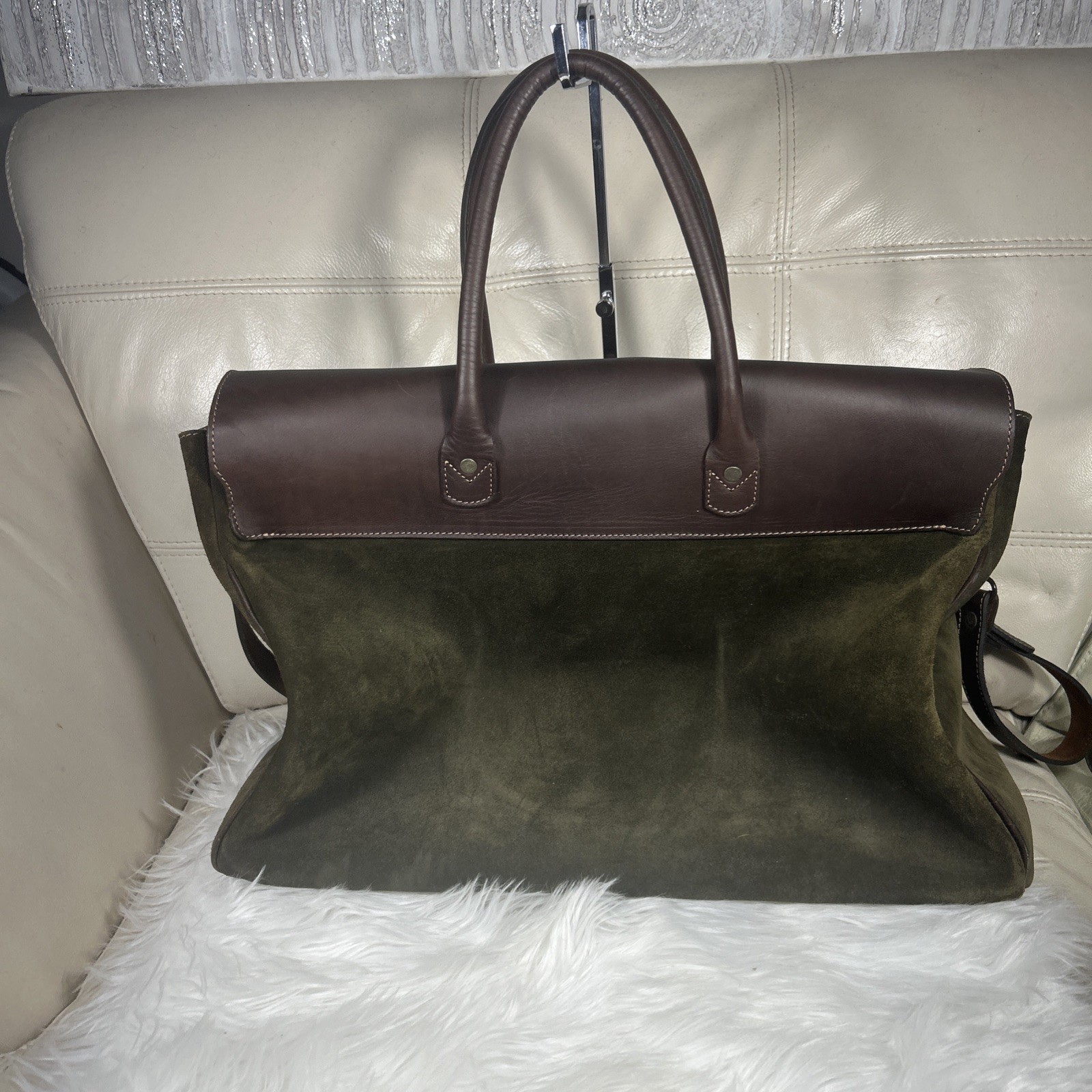 Weekender Overnight Bag Suede Green Brown Crossbody Argentina Free Ship!Rare!