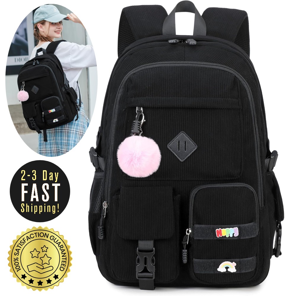 Corduroy Black Middle School 6th 7th Grade Cute Aesthetic Backpack For Girls