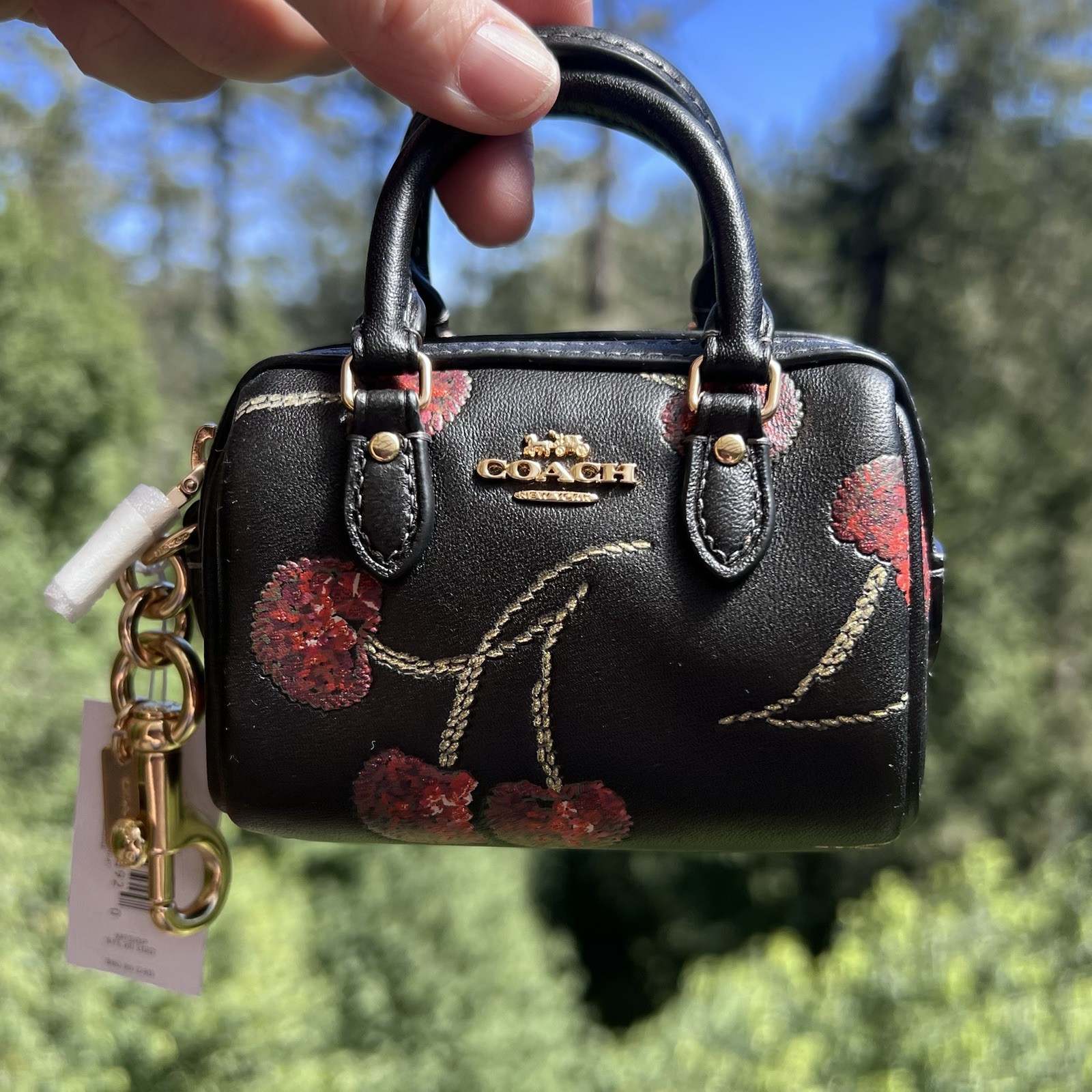 COACH Mini Rowan Bag Charm Keychain Black Multi w Sequin Cherry Print CDB17 NWT