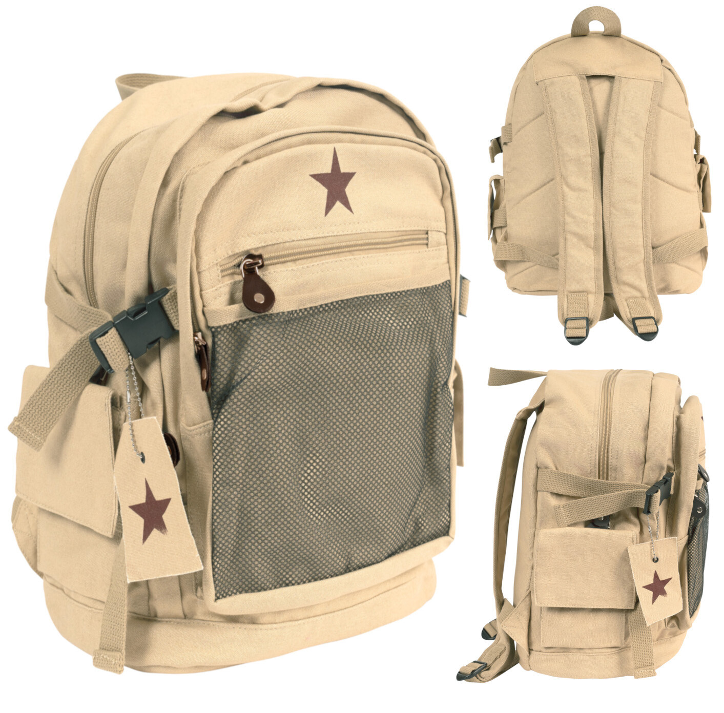 Vintage Stone Washed Canvas Backpack With Red Star Adjustable Rucksack Schoolbag