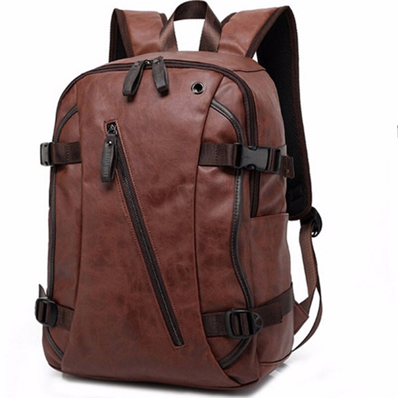 Leather Backpack for Men Zipper Closure Double Adjustable Straps Side Pocket Bag