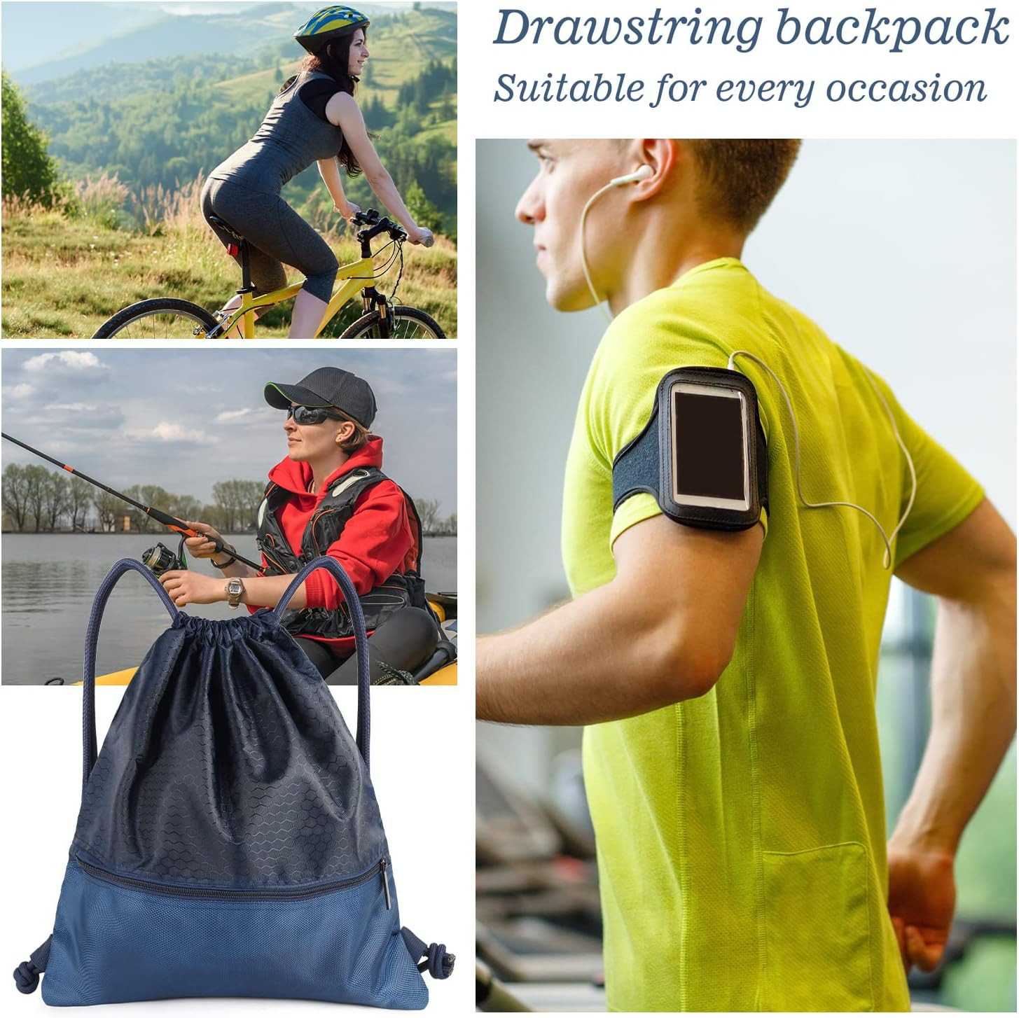 Waterproof Drawstring Backpack with Zip Pocket, Gym Swim Bag for Men Women