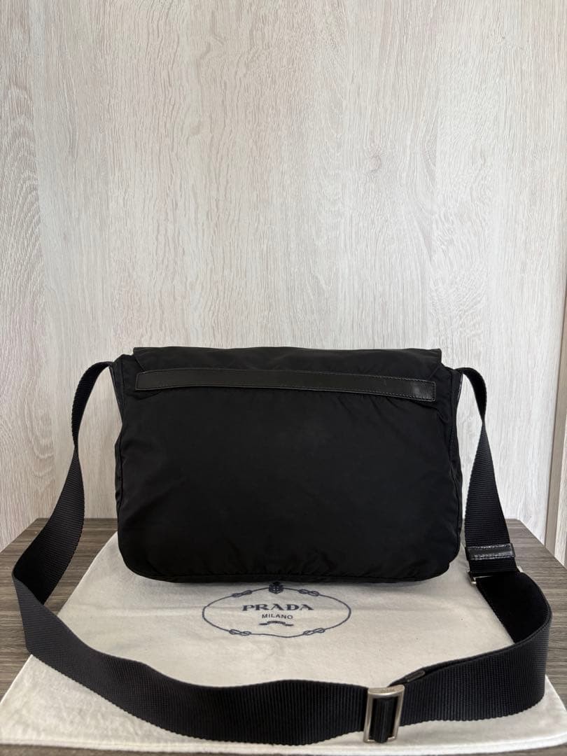 PRADA Shoulder Bag Tessuto Nylon Leather Triangle Logo Black Excellent Condition