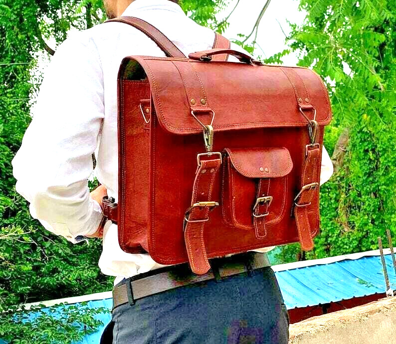 Genuine Vintage Crossbody Leather Briefcase Messenger Backpack Laptop Unisex Bag