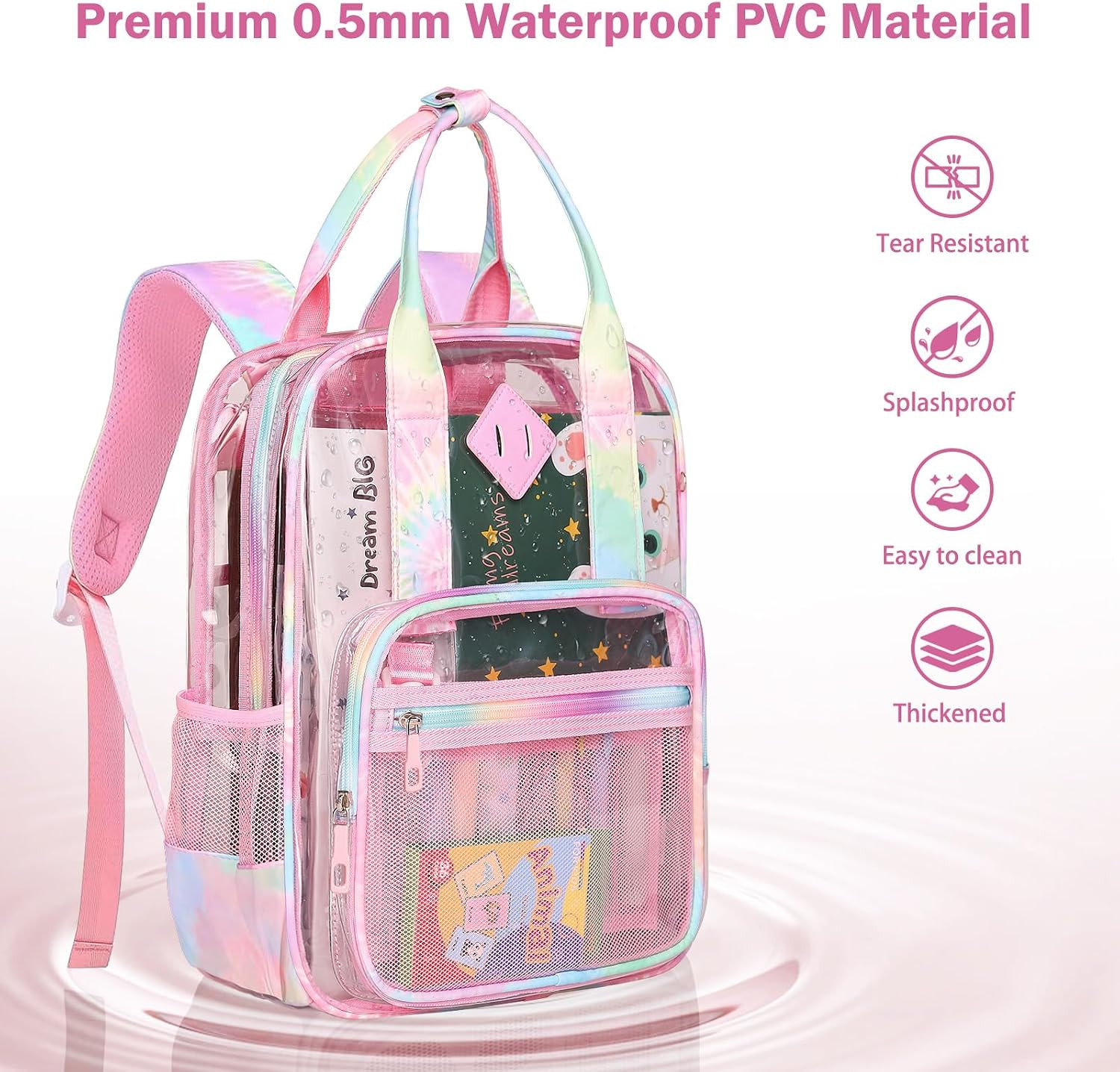 Clear Backpack Heavy Duty, PVC Clear Bag for Stadium Events See through Pink Boo
