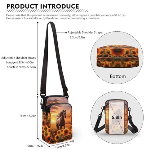 2 Layer Cat Print Crossbody Bags Polyester Horse Sunflower Sunset Brown