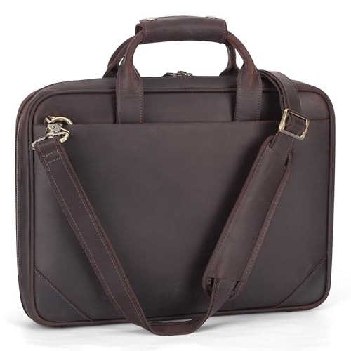 Leather Slim Briefcase for Men 15.6″ Laptop Small-Fits 14″ Laptop Deep Brown