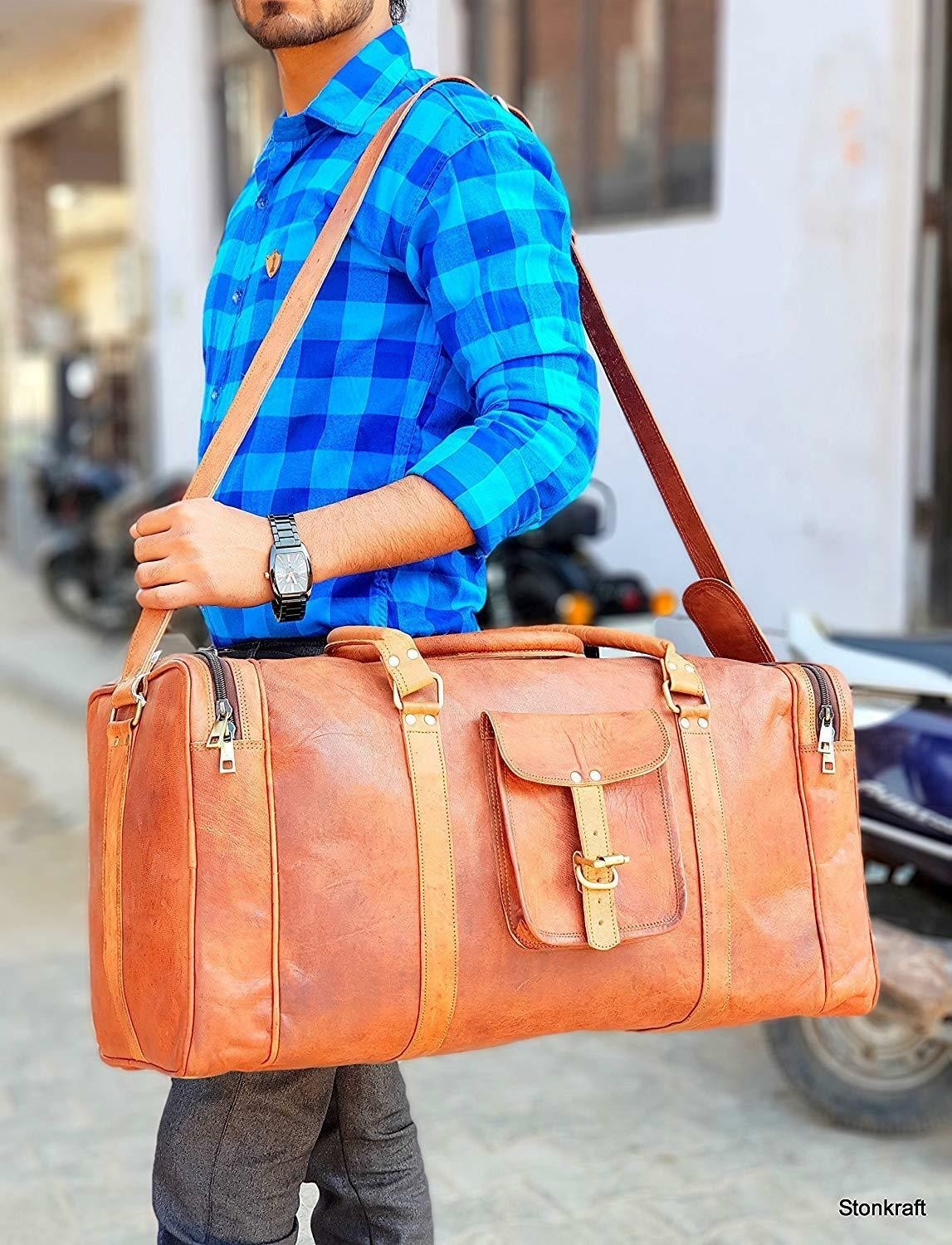 Men’s Brown Leather Gym Travel Luggage Vintage New Bag Genuine Goat Duffel