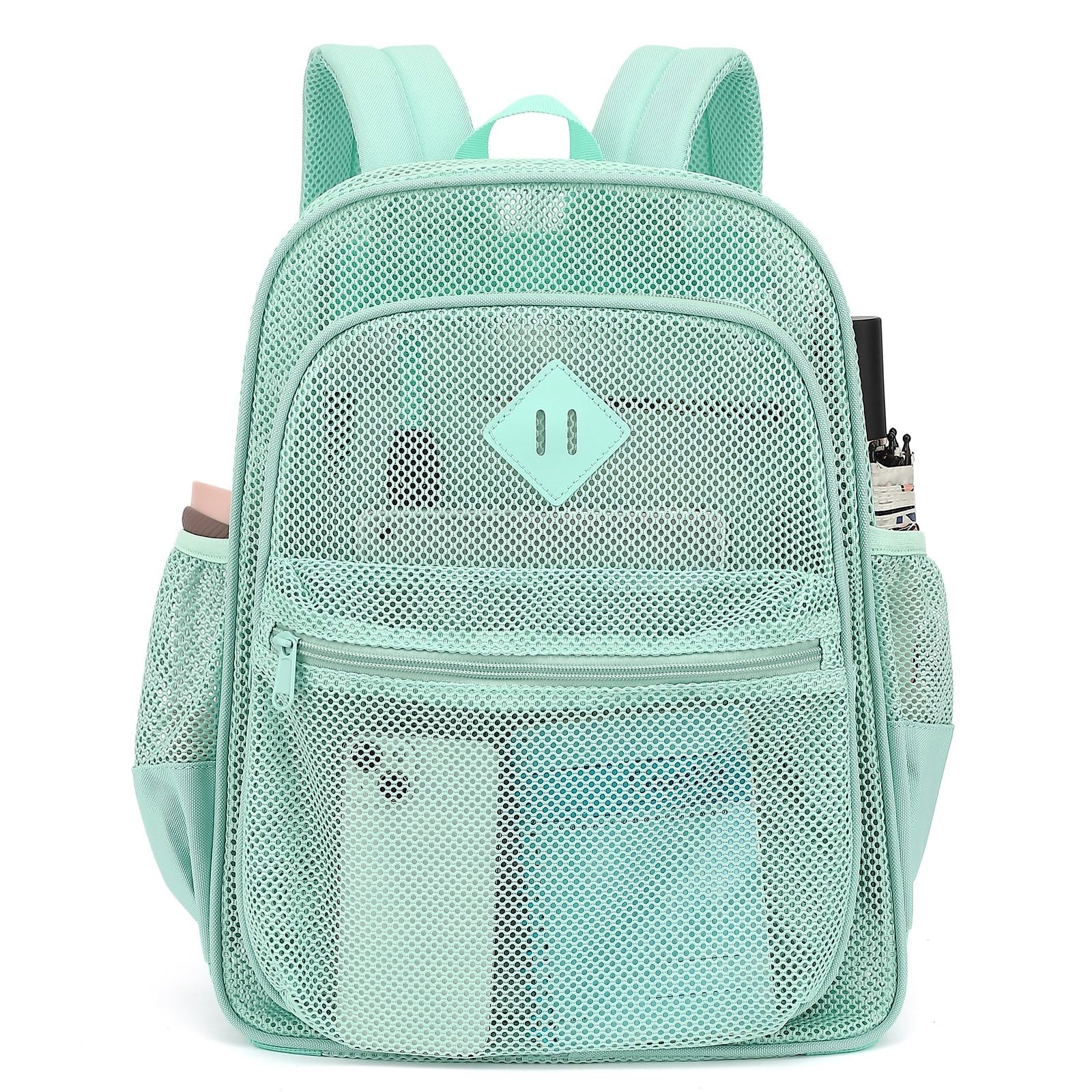 Heavy Duty Green Mesh Backpack See Through Lightweight School Beach Bag