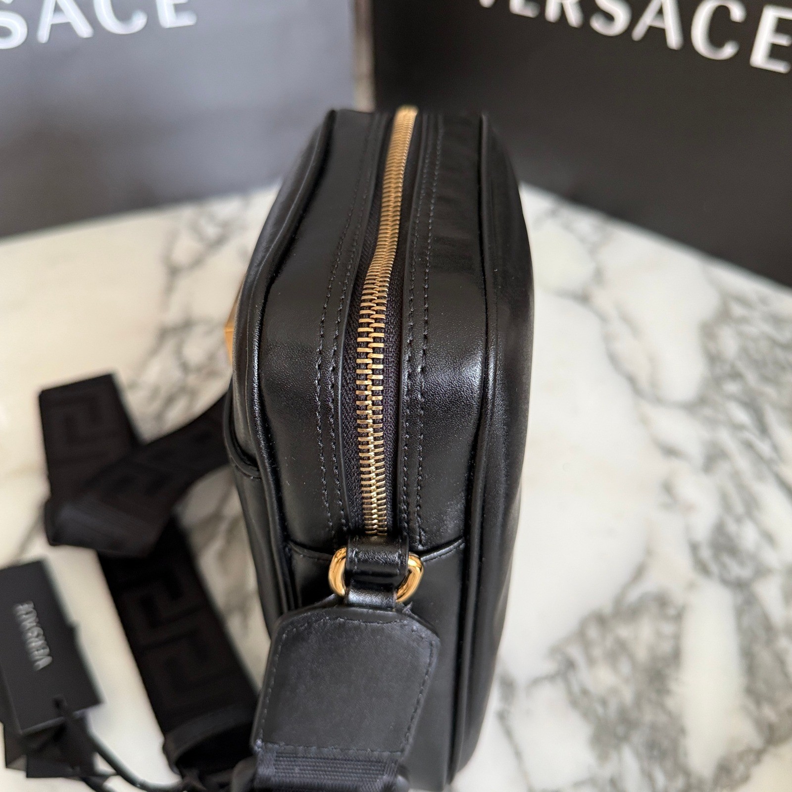 Versace 1020736 Black Leather Greca Crossbody Messenger Bag Gold Logo