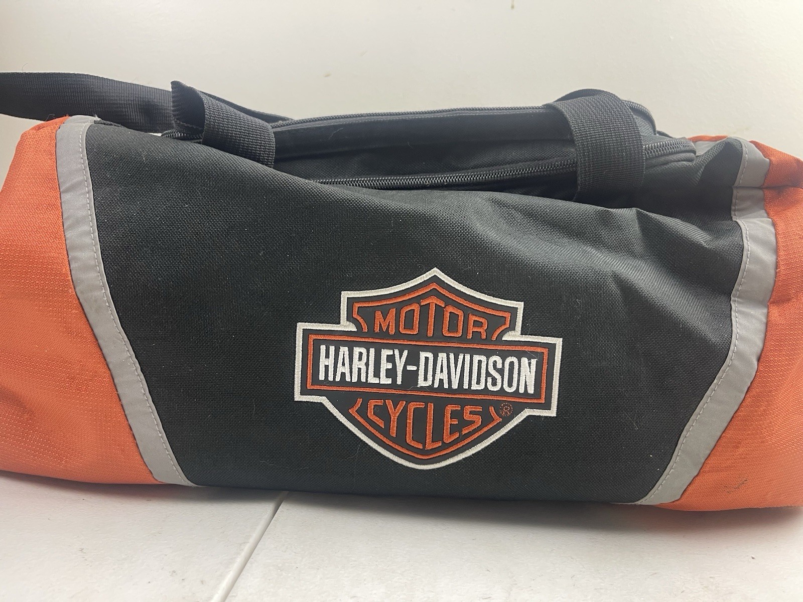 Harley Davidson Duffle Bag 19.5” Inch Black & Orange Polyester Adjustable Straps