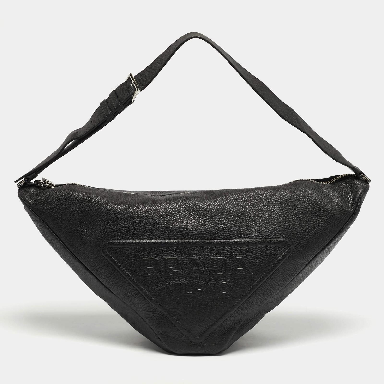 Prada Triangle Logo Embossed Black Vitello Dain Leather Bag