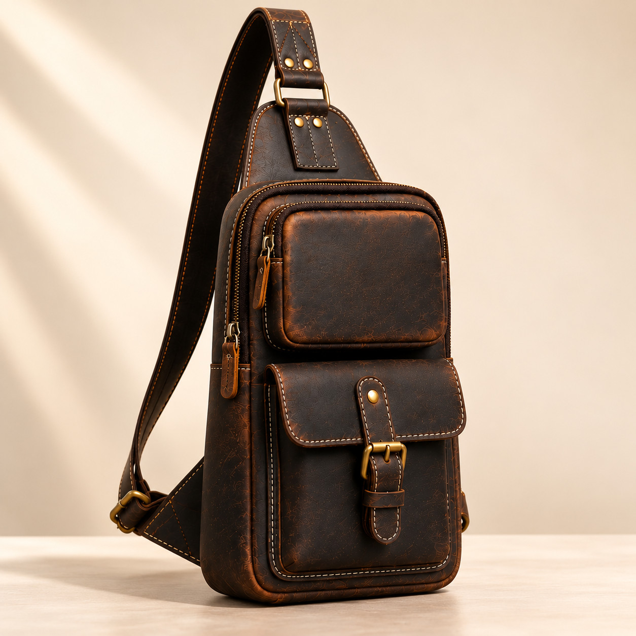 Vintage Leather Daypack Men Personalized Brown Shoulder Crossbody Sling Bag