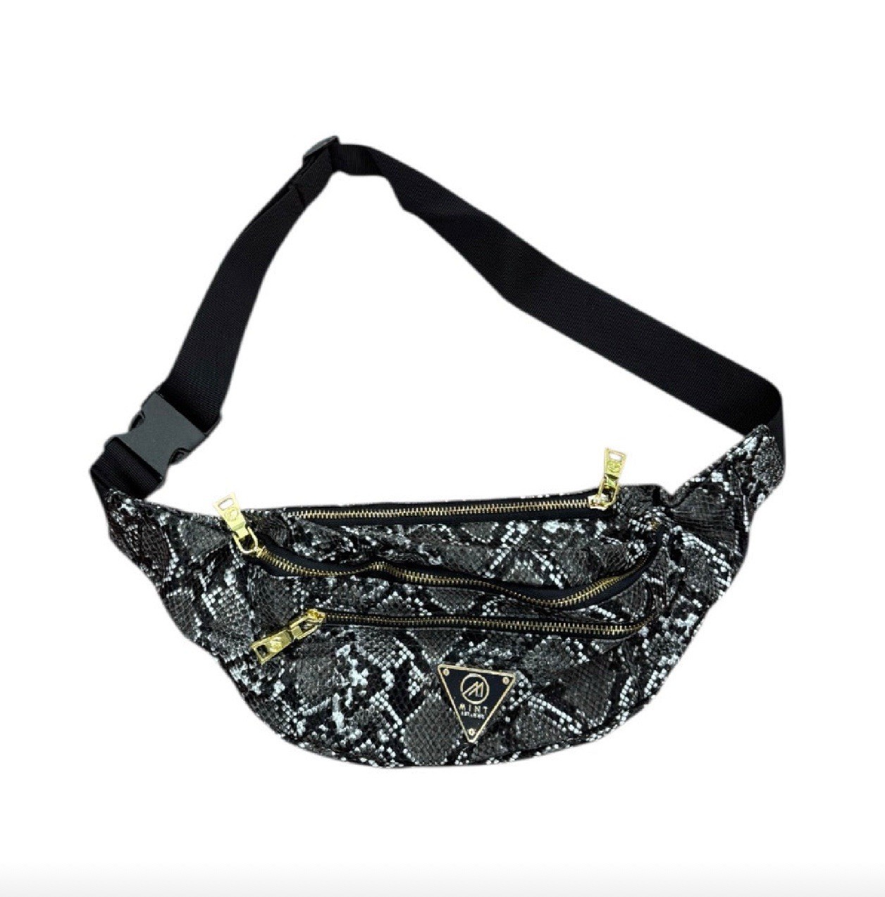 MINT Snakeskin Fanny Pack Black Gray Waist Bag Gold Zippers Adjustable Strap