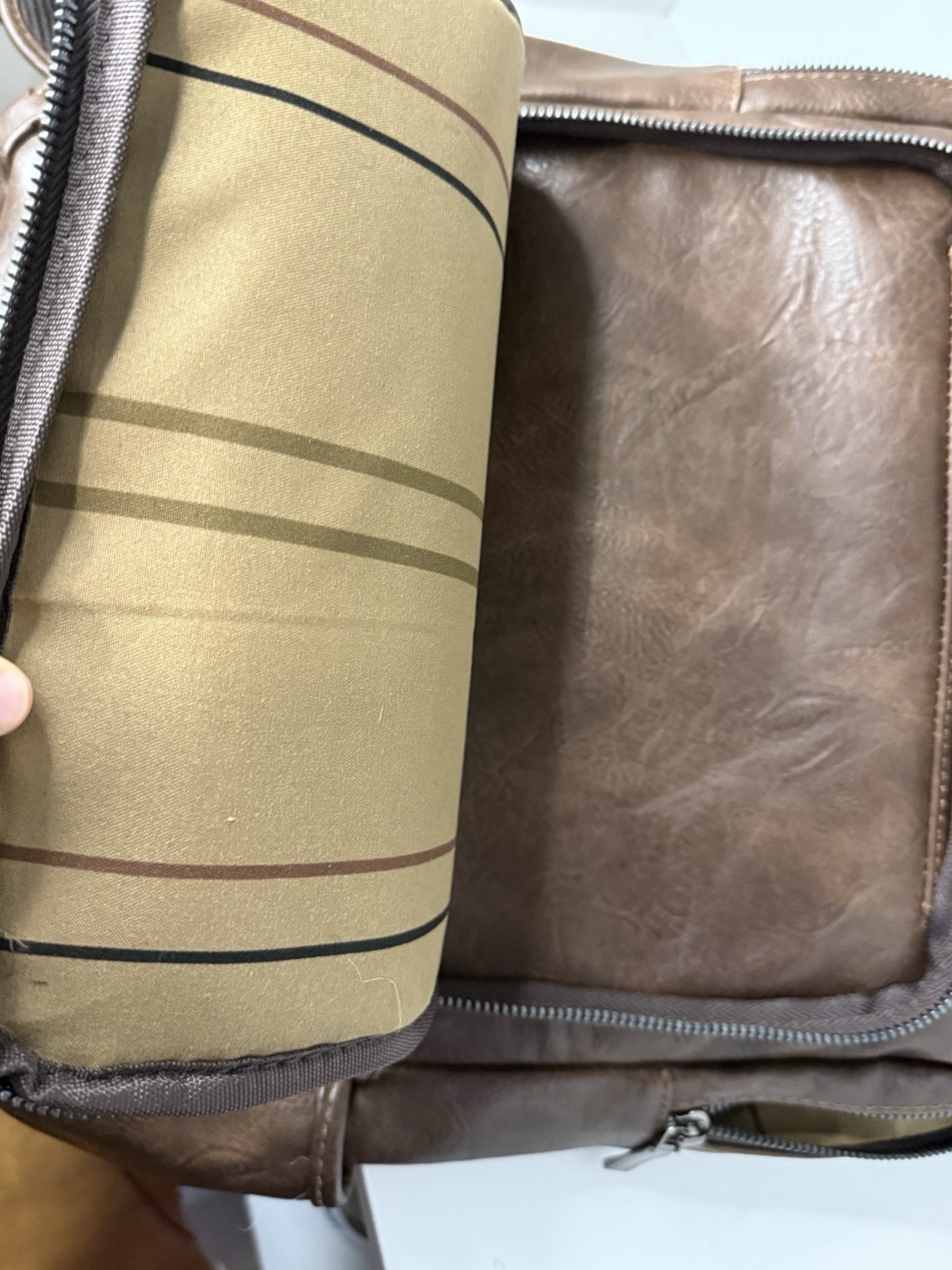 Brown Faux Leather Backpack Zip & Buckle, Padded Straps, Striped Lining