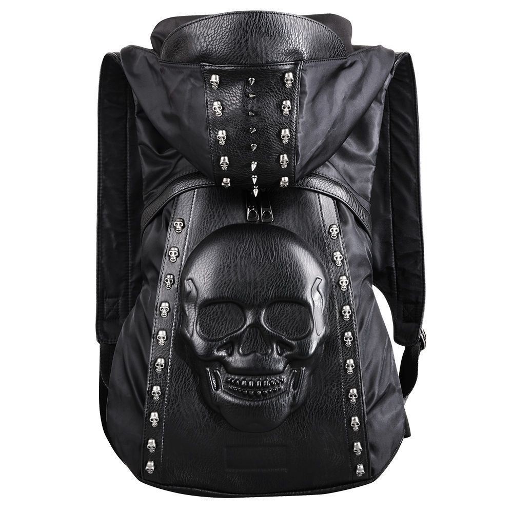 Vintage Gothic Style Design Rivet inlay 3D Skull Pattern Leather Hooded Backpack
