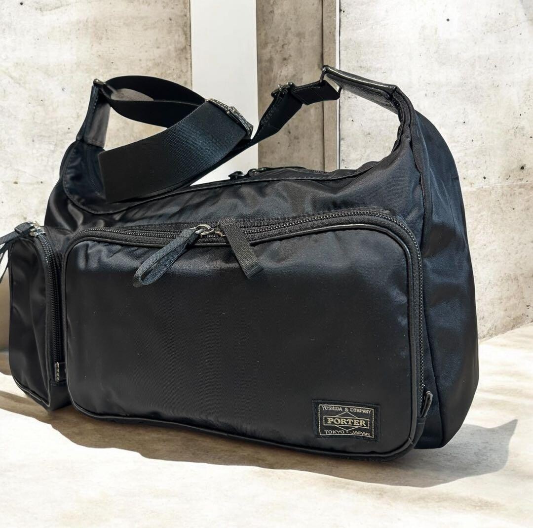 PORTER Plan Nylon Shoulder Bag Black Men Zip Woven Yoshida Kaban 35x20x14cm