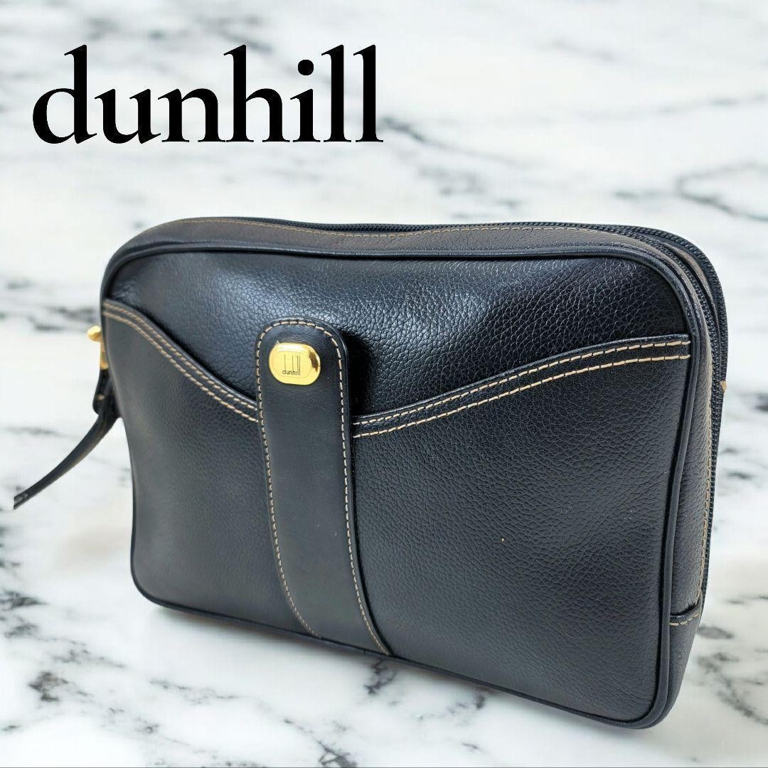 Dunhill Black Leather Clutch Second Bag Gold Hardware 23cm