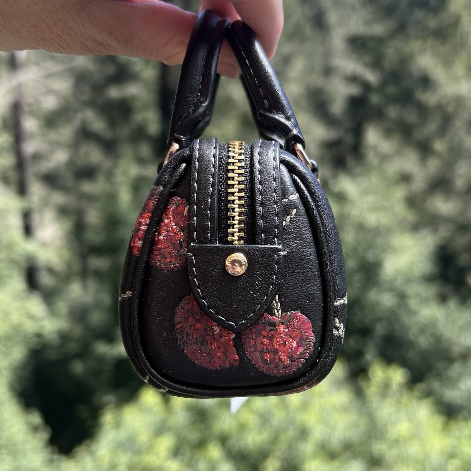 COACH Mini Rowan Bag Charm Keychain Black Multi w Sequin Cherry Print CDB17 NWT
