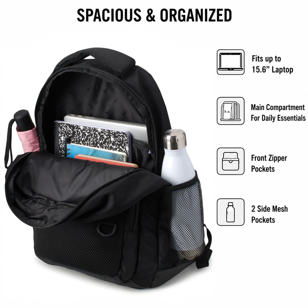 Reebok Multipurpose Lightweight Laptop Gym Commuter Backpack, Aire Black
