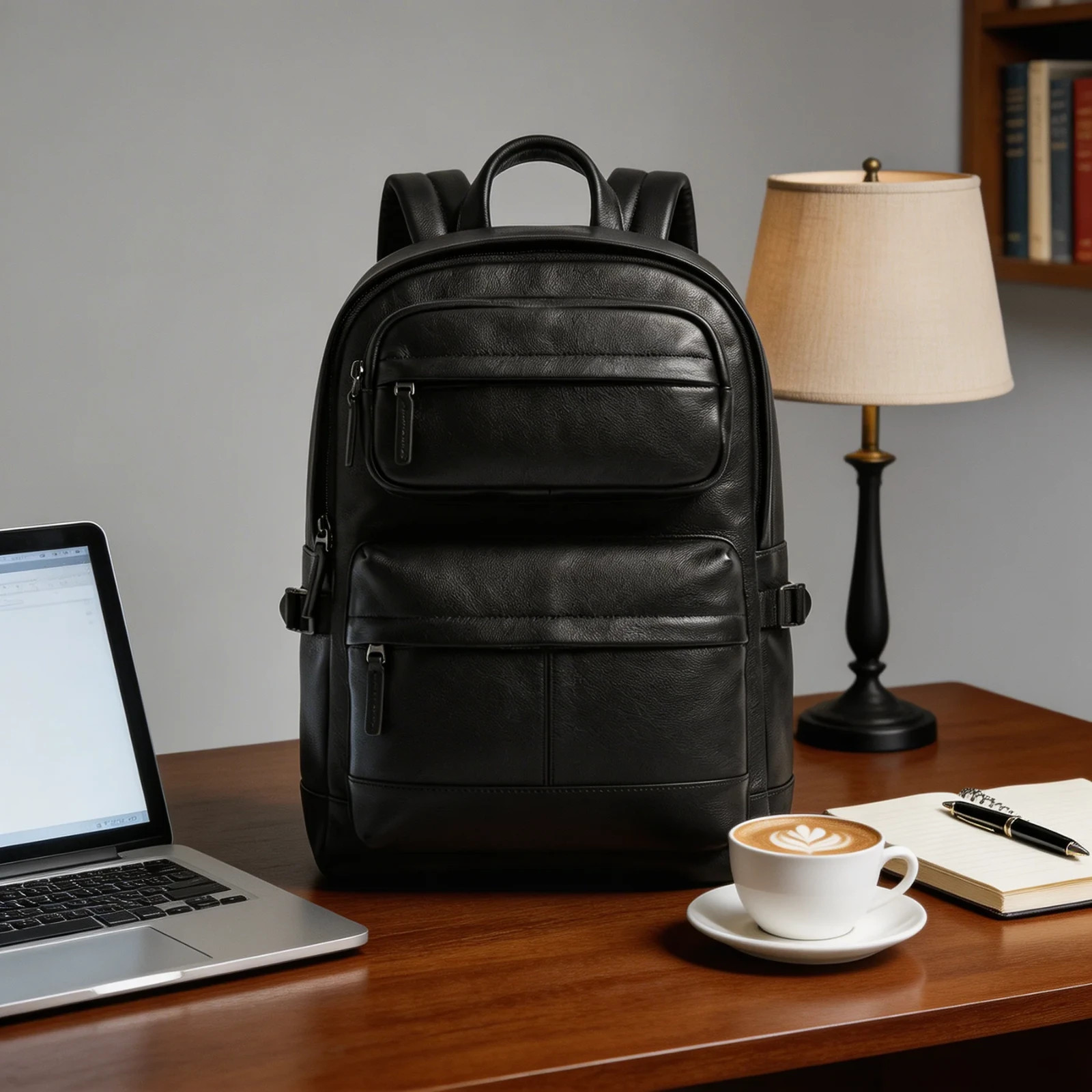 Designer Black Leather Travel Backpack Large Capacity Professional Office Bag