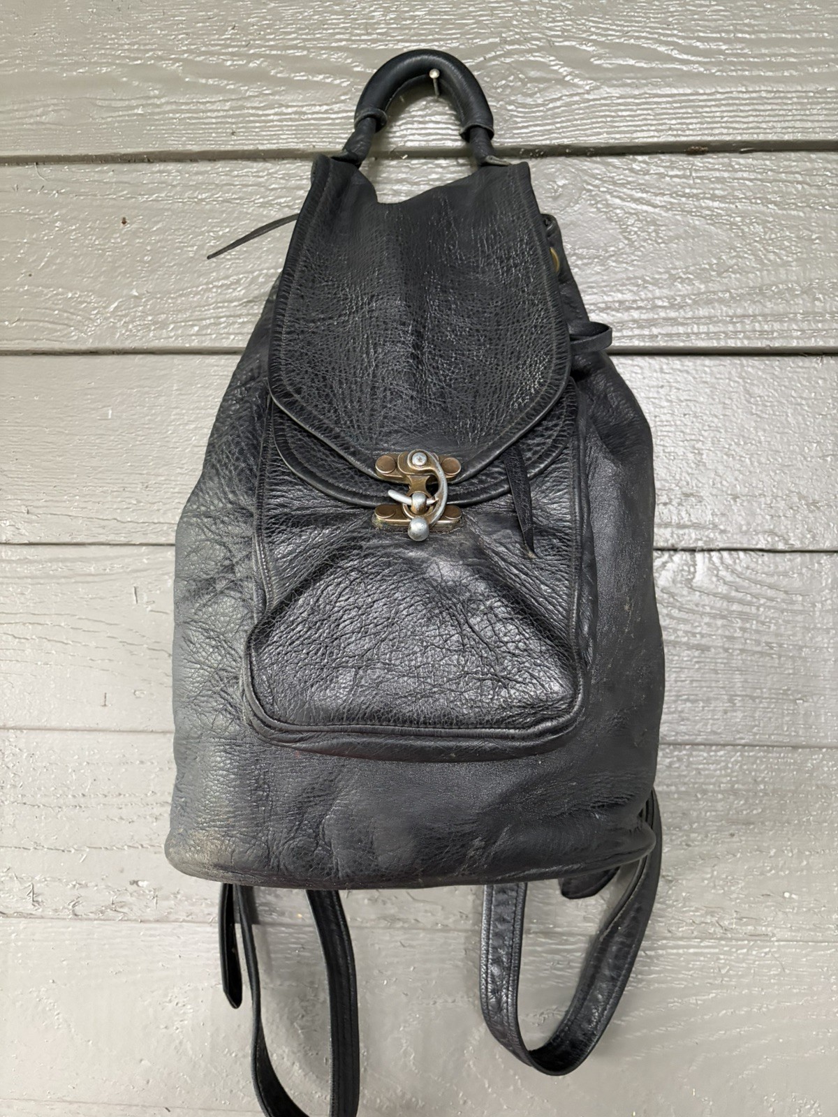 Vintage Black Leather Backpack Purse Hippy Bag 1970s riveted rucksack
