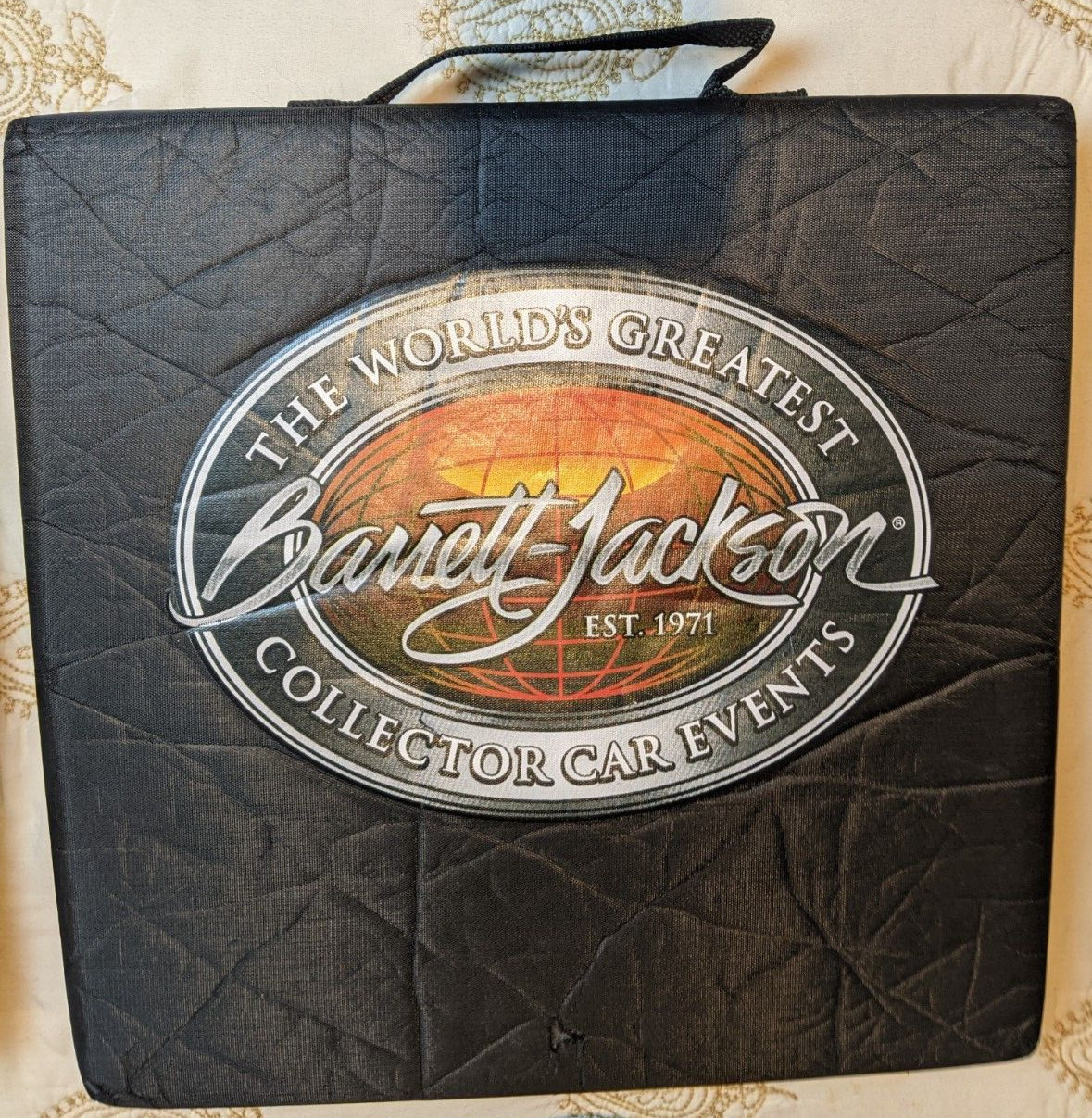 Lot of 3 Barrett Jackson Car Auction 2 SEAT CUSHIONS & Hand Bag Tote Carry On