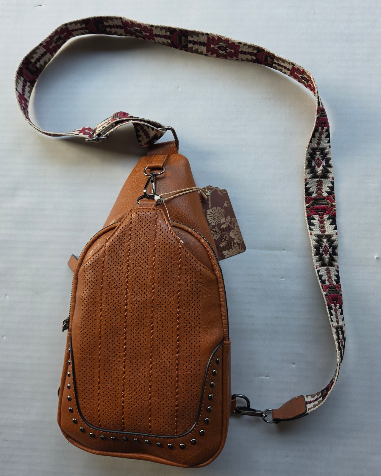 Sam & Hadley Western Cognac Color Crossbody Sling Bag with Studded Accent