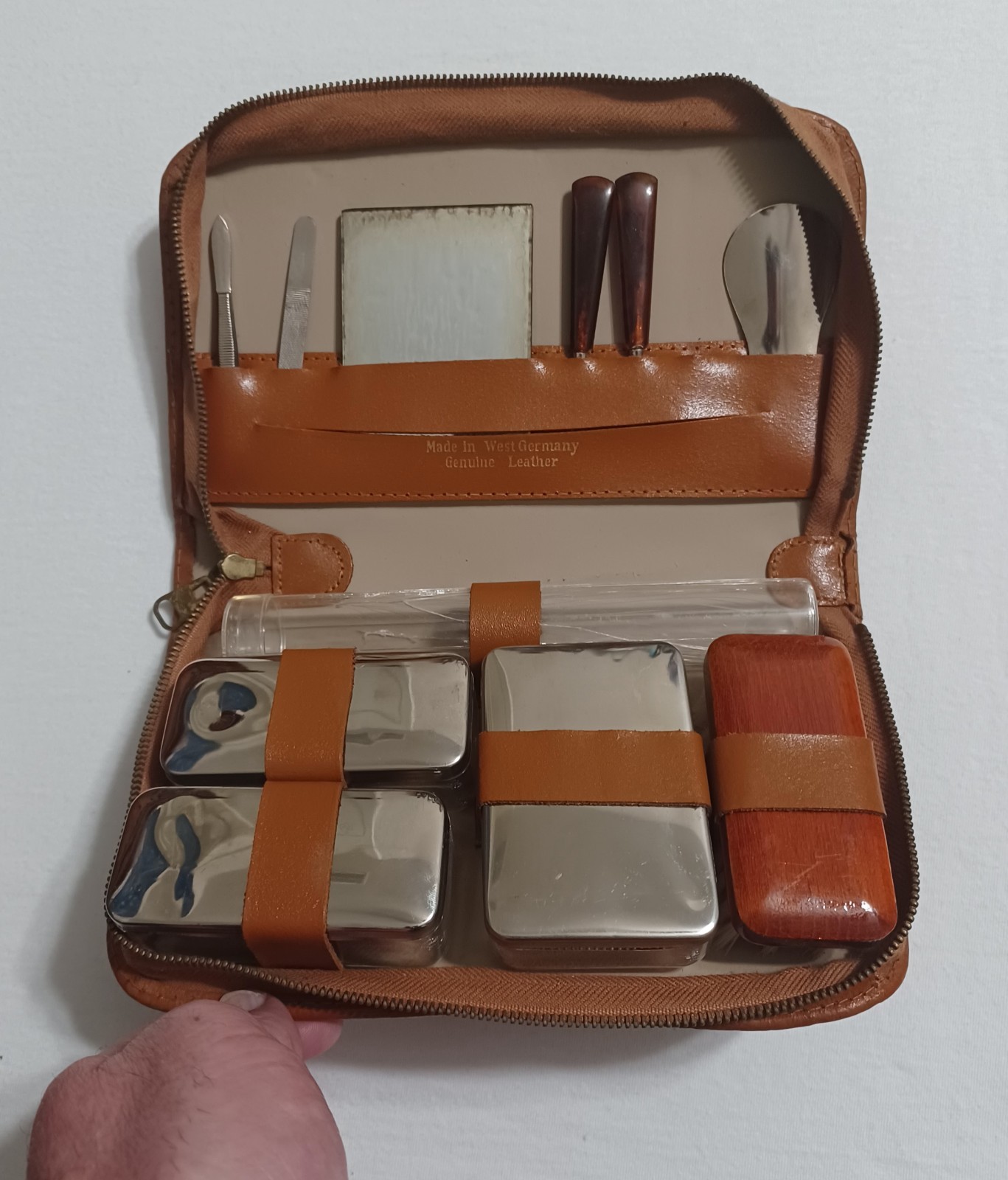 Vintage West Germany Leather Grooming Kit With Manicure Set & Brush, Zippered