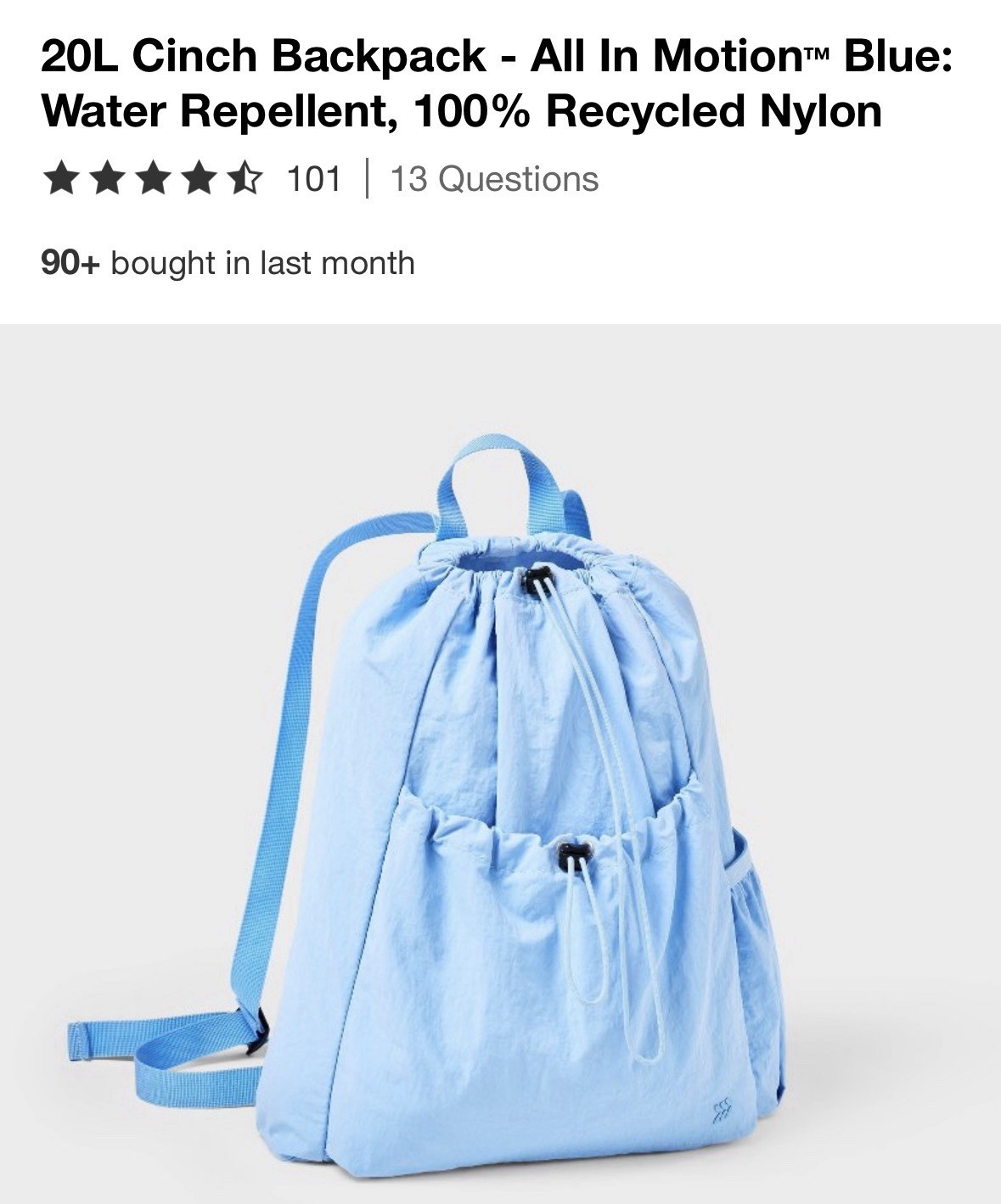 All In Motion 20L Cinch Backpack Adjustable Straps Water Repellent Light BlueNew