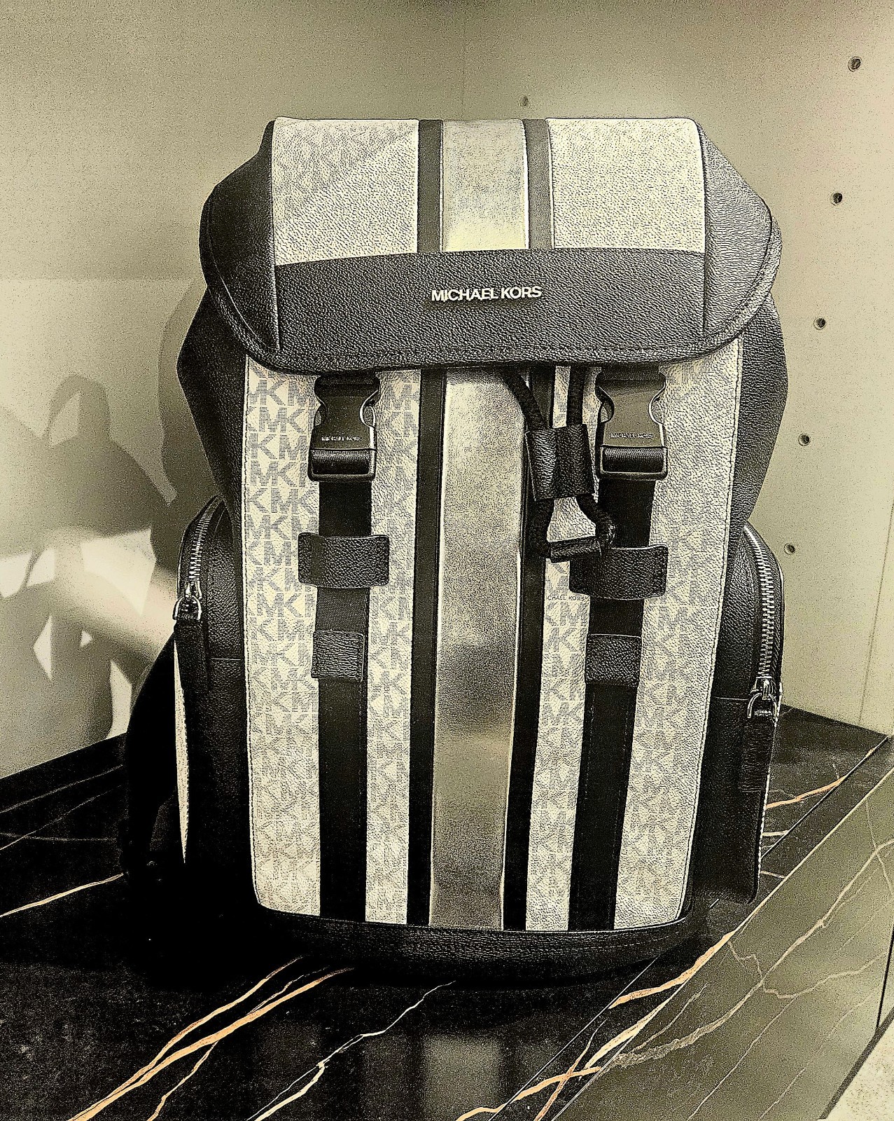 Michael Kors Cooper Medium Metallic Striped Logo backpack Black $498