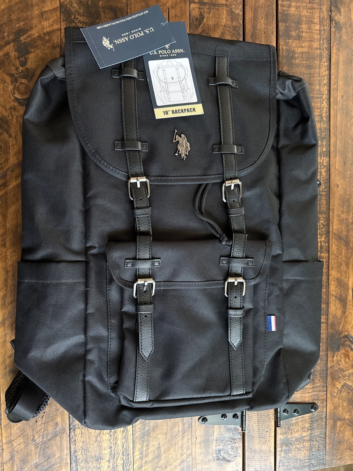 U.S. POLO ASSN. black 18″ flap backpack with black straps 6.5”x10”x18” NWT