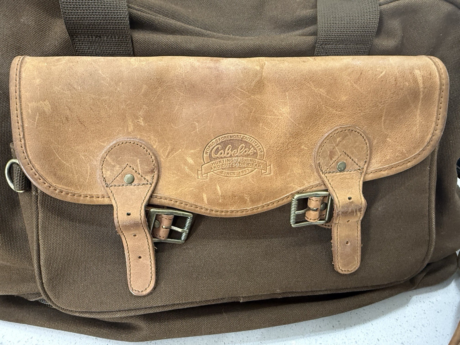 Cabelas Brown Olive Canvas & Leather Large/XL Duffle Bag Fishing Hunting Camping