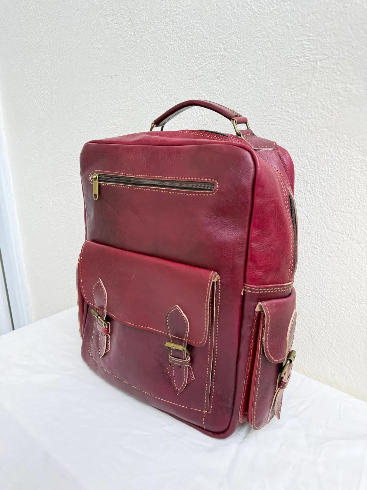 Handcrafted Genuine Leather Backpack – Bordeaux Color | 45 × 33 cm | Handmade