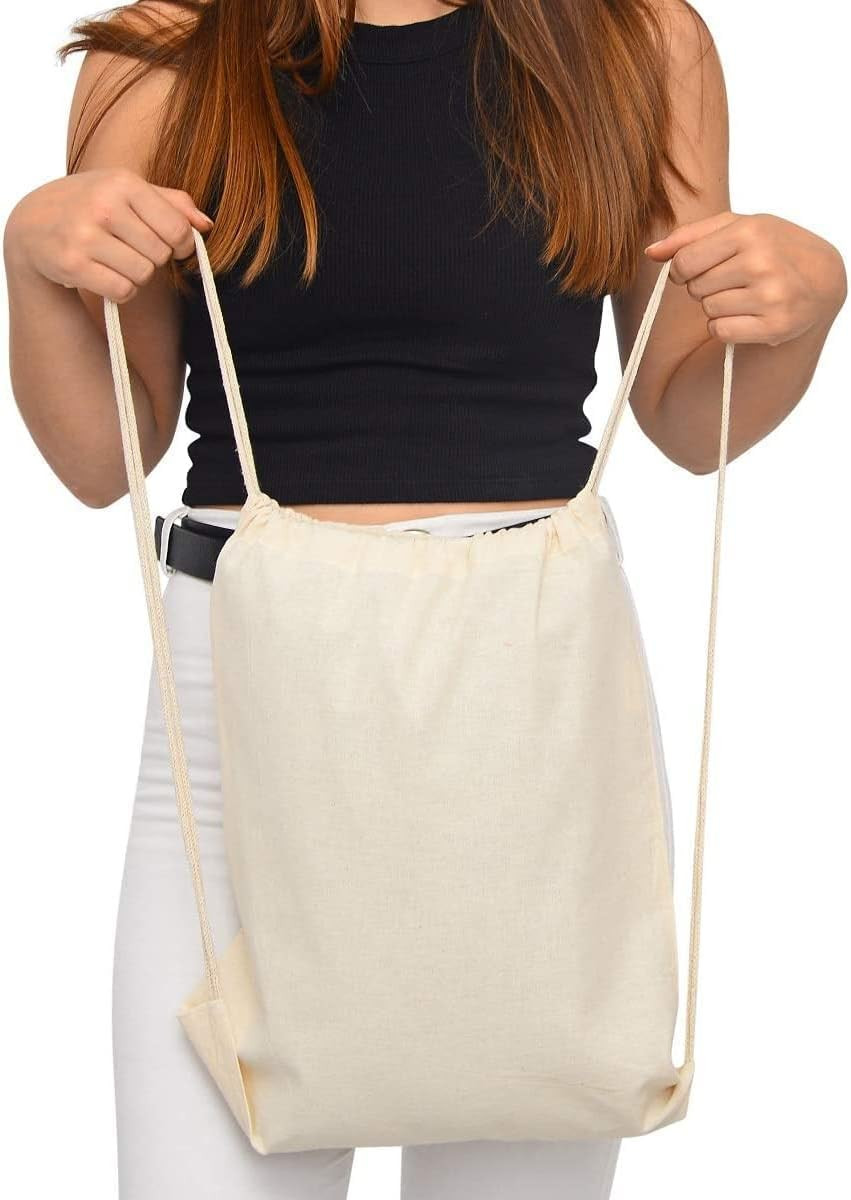 50 Pack Durable Cotton Canvas Drawstring Backpacks – 14″x16″ Natural Color