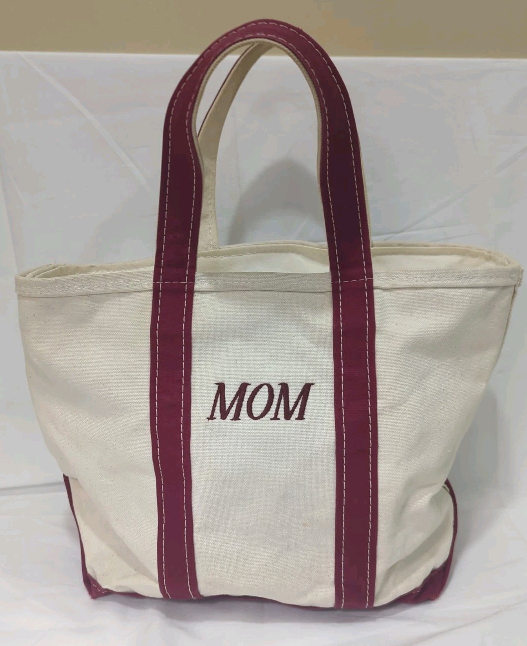 Vintage LL Bean Boat and Tote Maroon Cream Canvas Medium USA Made Zip Top “MOM”