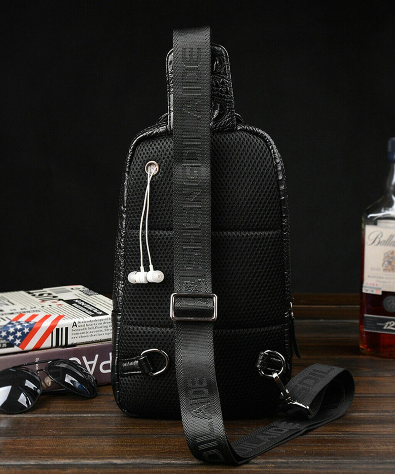 Men Crocodile Leather Chest Shoulder Backpack Bag Crossbody Travel Sport Daypack
