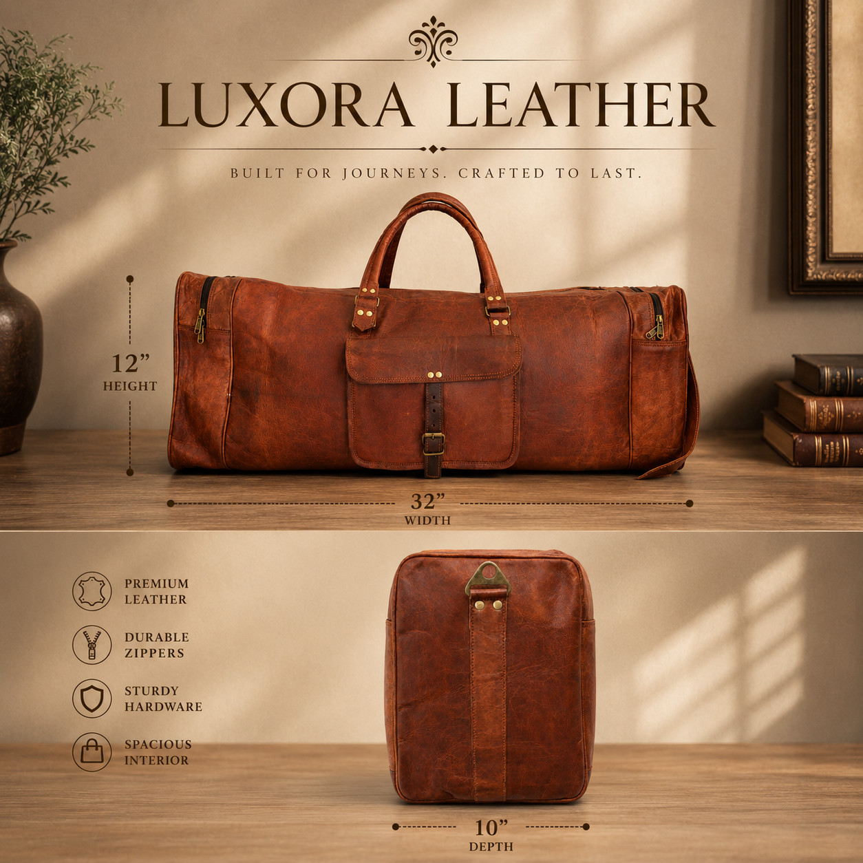 32″ Large Vintage Genuine Leather Duffle Bag, Carry On Travel Bag, Overnight Bag
