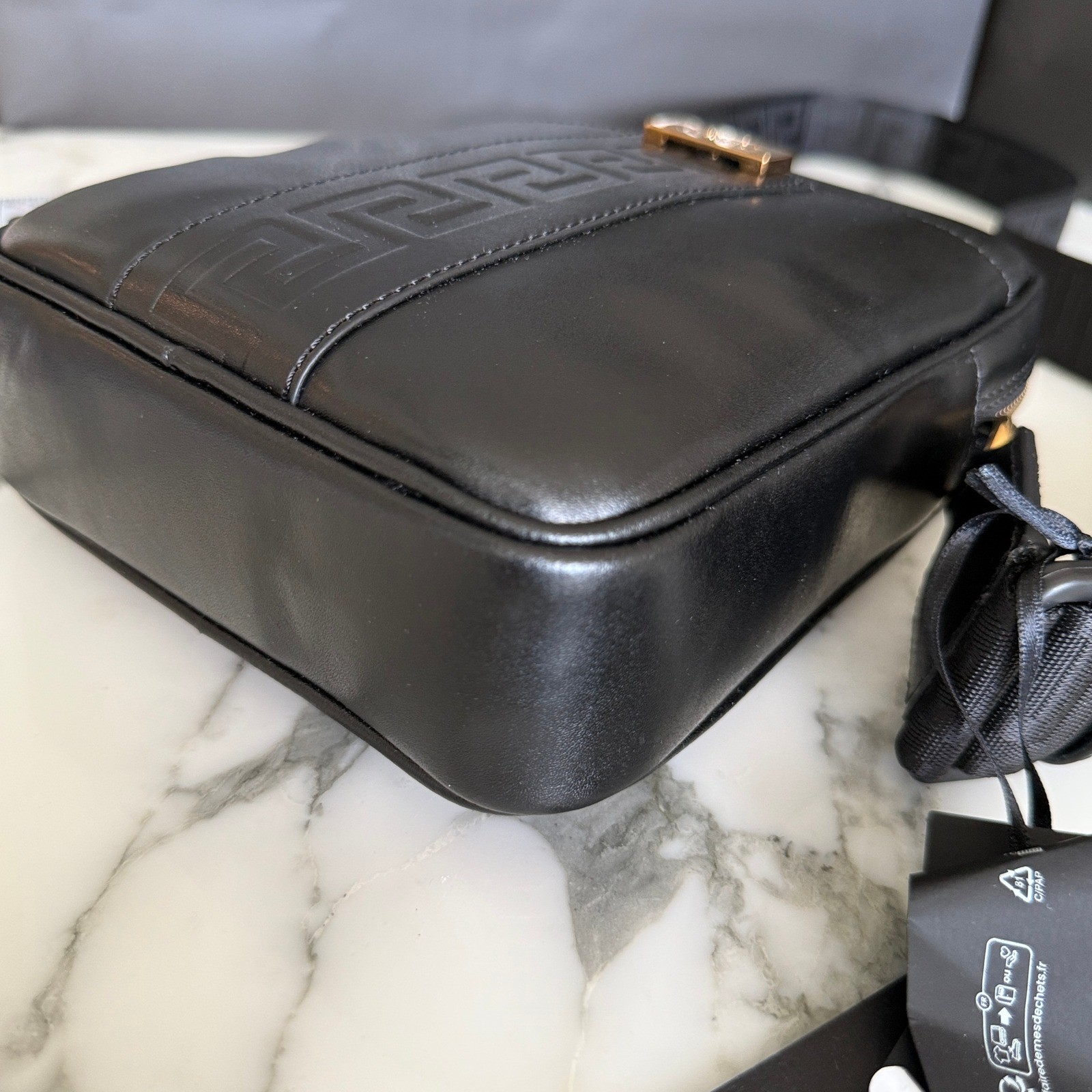 Versace 1020736 Black Leather Greca Crossbody Messenger Bag Gold Logo