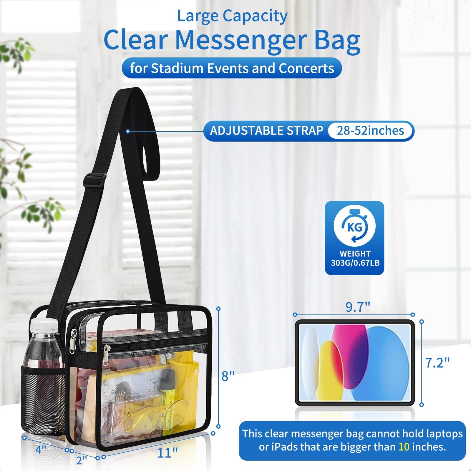 2-Compartment Clear Stadium Messenger Bag for Concerts Games Events