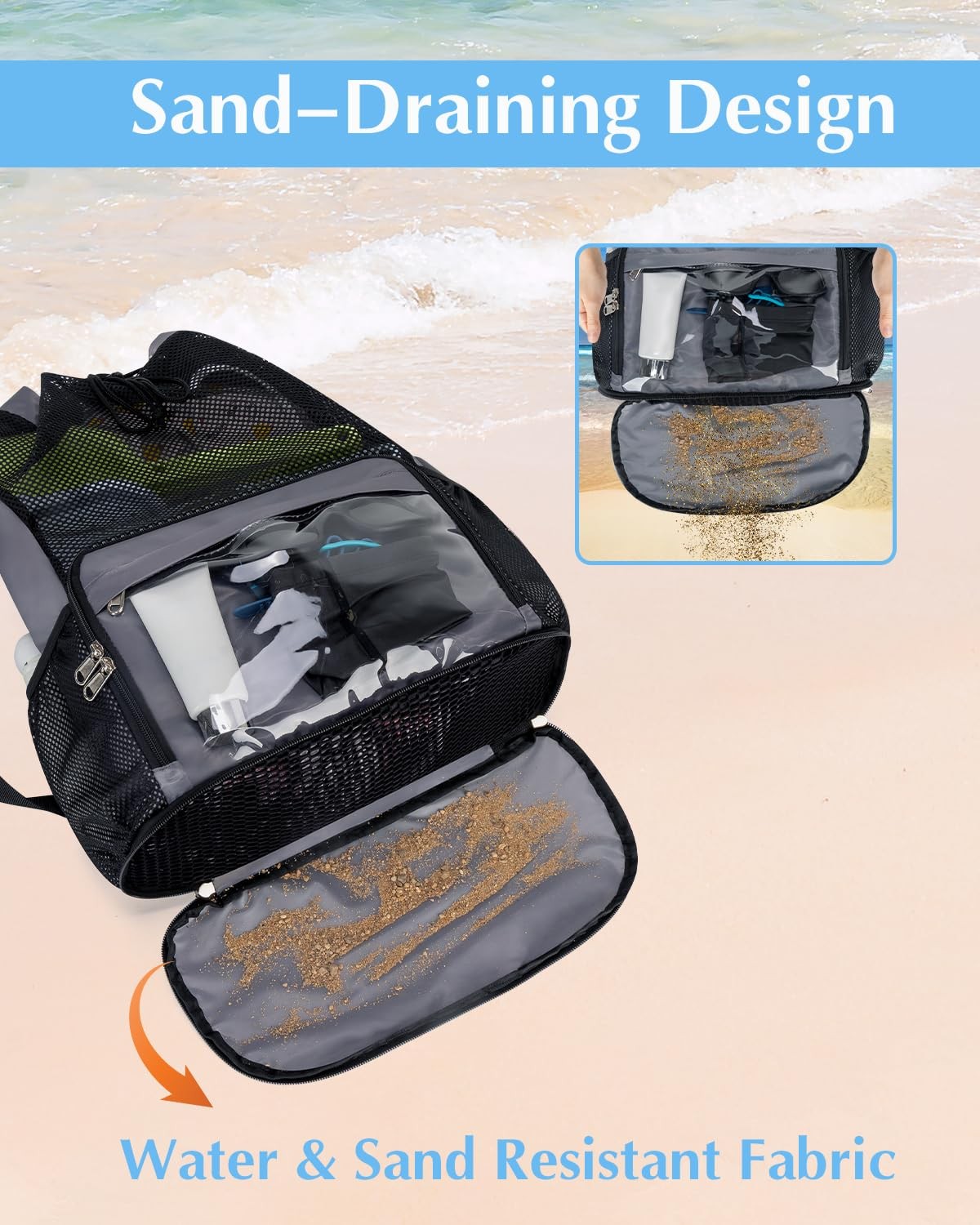 Drawstring Sandproof Beach Backpack Shoe Compartment Wet Pocket Swim Grey