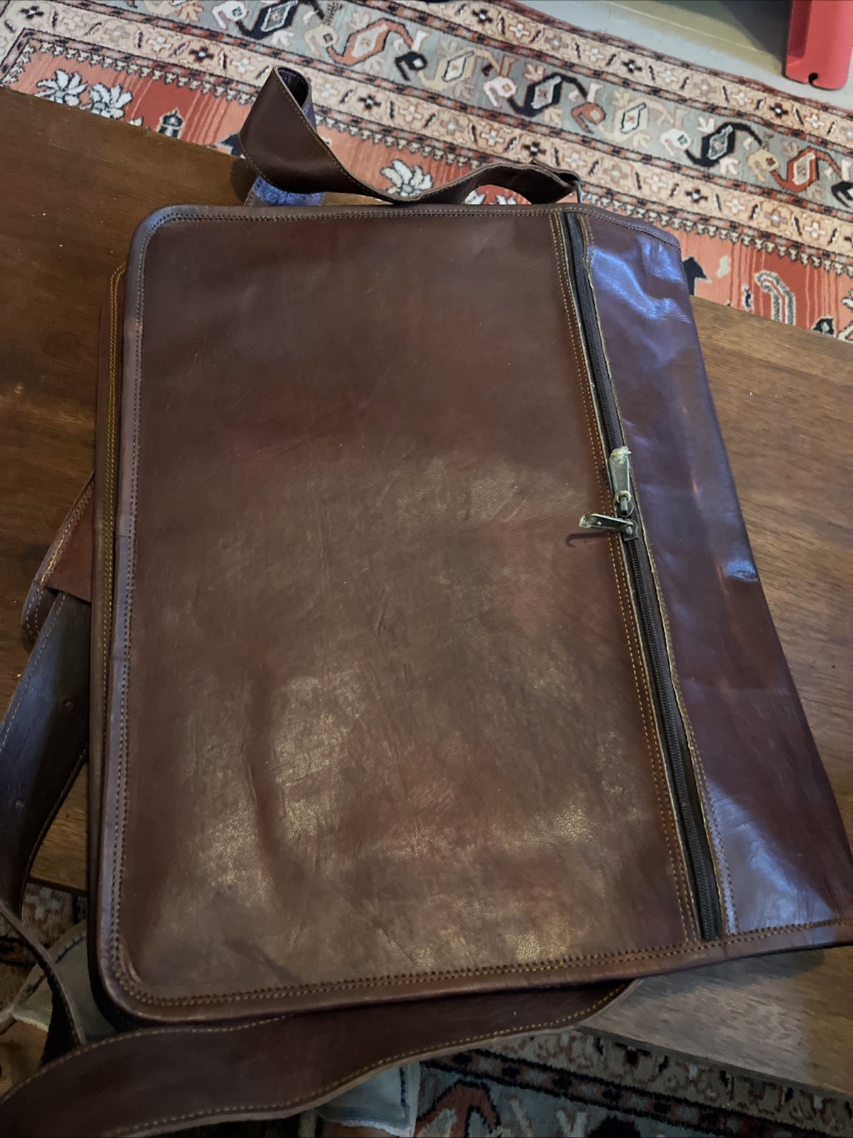 Large Leather Linen Lined Messenger Bag Laptop Brief Case Shoulder Bag Brown