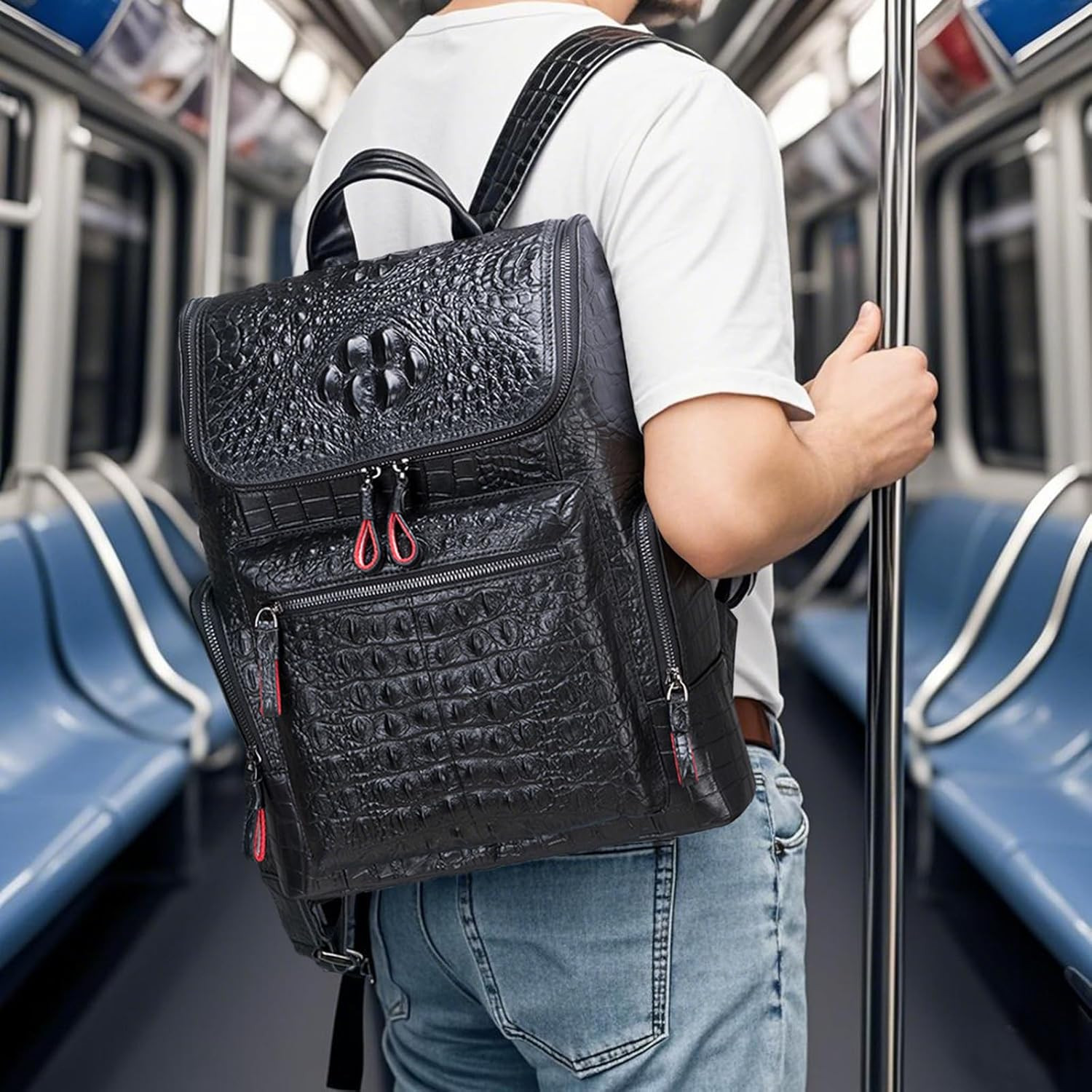 Crocodile Pattern Leather Laptop Backpack for Men – Stylish Travel Daypack
