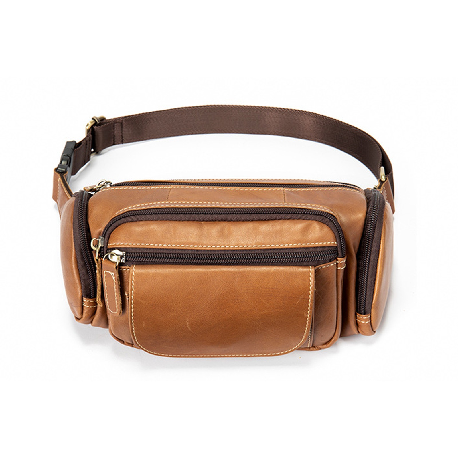 Mens Genuine Leather Fanny Pack Multi-Pocket Adjustable Strap Metal Zipper