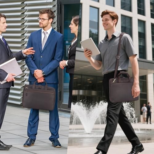 Leather Slim Briefcase for Men 15.6″ Laptop Small-Fits 14″ Laptop Deep Brown
