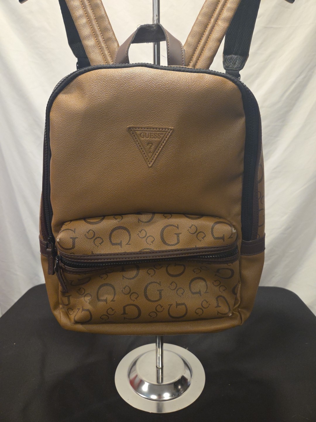 Guess Mens Backpack Bag Monogram Travel Adjustable Strap Zipper Brown