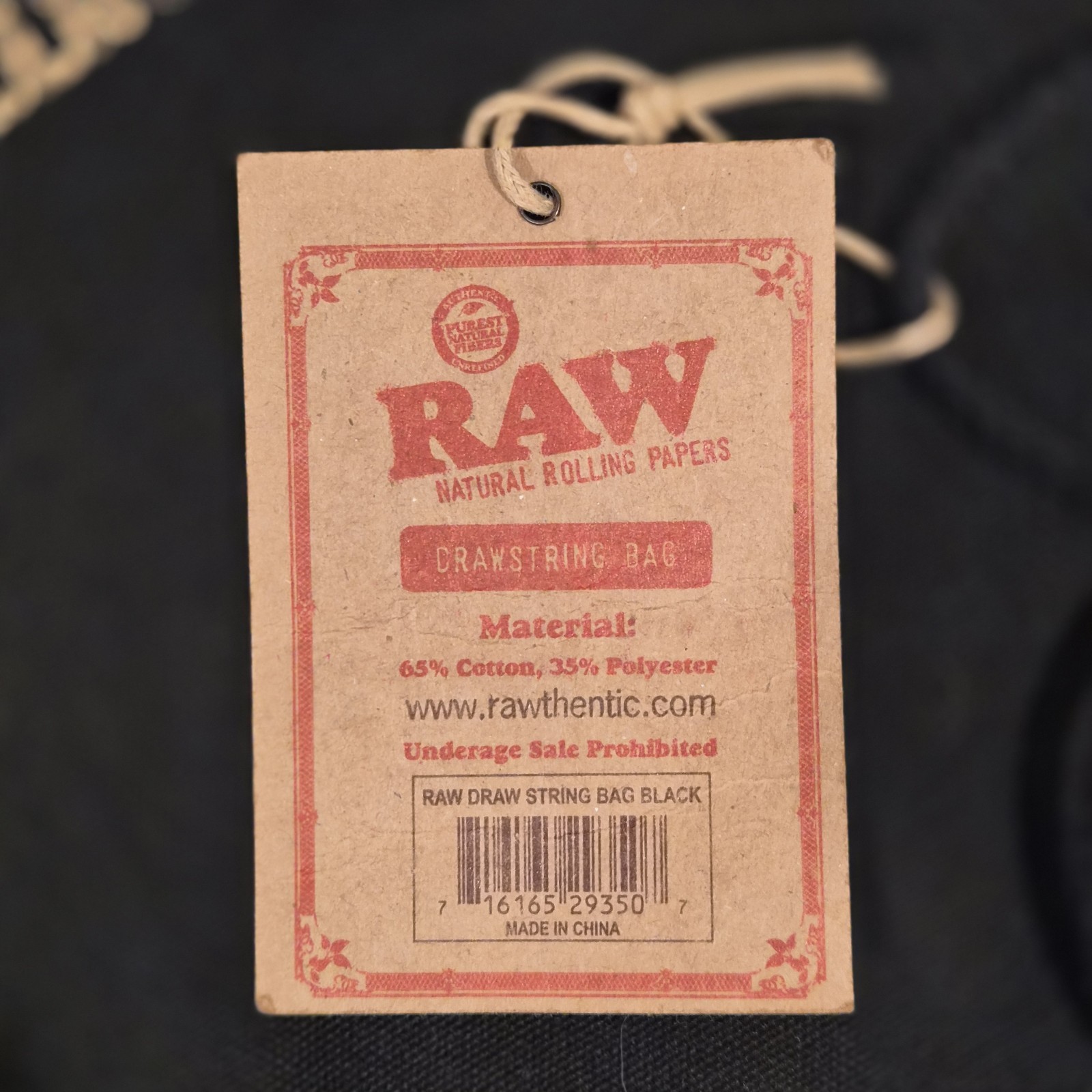 RAW Natural Rolling Papers Drawstring Black Backpack Shoulder Strap Casual