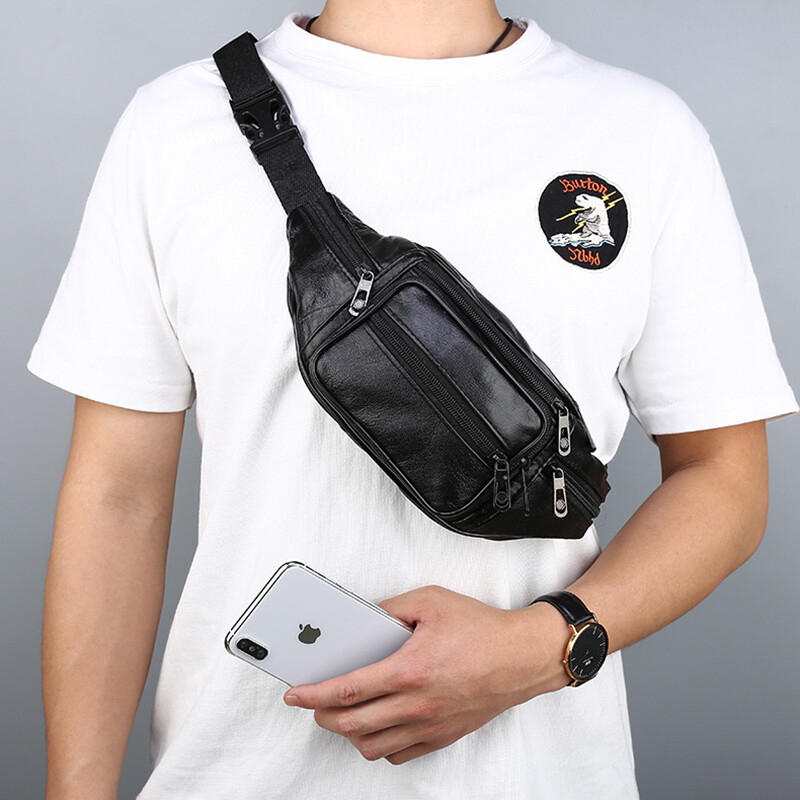 Genuine Leather Fanny Pack Multi Zippered Sports Hip Waist Bag Belt Purse Pouch